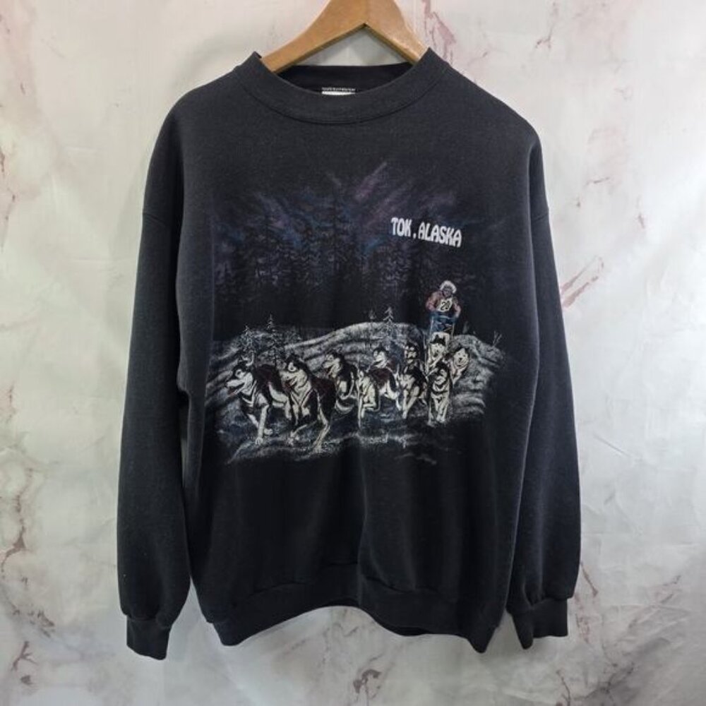 Vintage Sweatshirt Womens Large Black Husky Dog Sled Tok Alaska Nature Forest